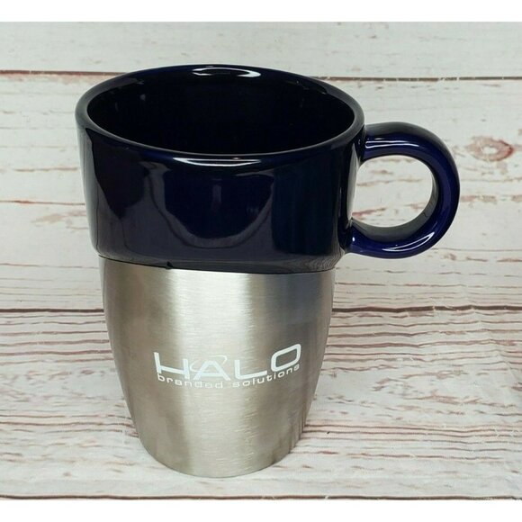 Rare Halo Branded Solutions Leeds ASI Silver Metal Half Glass Blue Mug 66887 - Picture 1 of 11